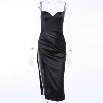  Black Satin Spaghetti Straps Low Cut Long Dress Women Summer Ruched Side High Split Maxi Dress